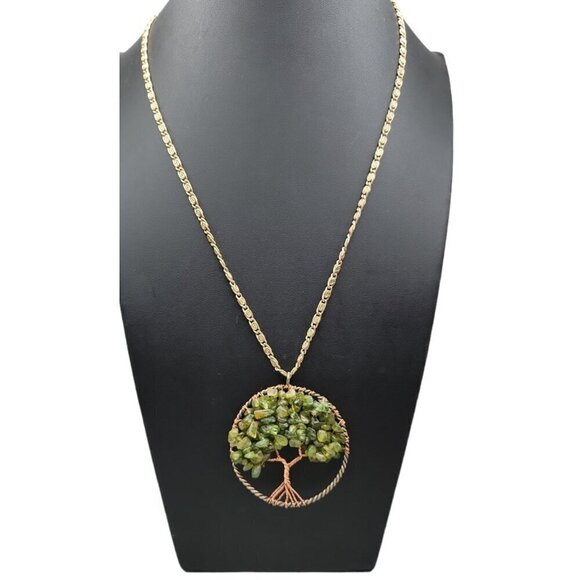 Peridot Tree of Life Pendant Necklace Copper Wrap Gold Plated Circle  30" Chain - Picture 1 of 7